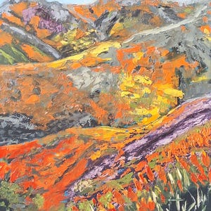 Paysage de montagne Peinture à l'huile originale sur panneau dur Fleurs sauvages en fleurs Paysage de Californie Art mural à texture 3D lumineuse Art de la flore sauvage