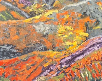 Mountain landscape Oil Painting hardboard Original art Blooming wildflowers art California scenery Bright 3D texture wall art Wild flora art