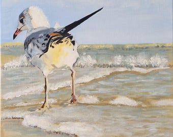 Dipinto acrilico su tela con gabbiano, uccello sulla riva del mare, paesaggio marino con gabbiano, decorazione per la stanza degli animali, opera d'arte sulla natura selvaggia, dipinto unico