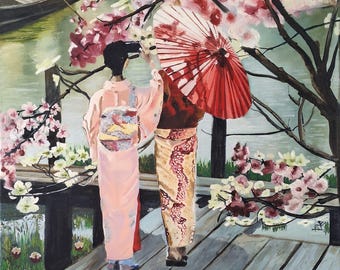 Japanese girls Original oil painting canvas Geisha picture Bloom cherry wall art Oriental landscape Japan tradition art Asian nature artwork