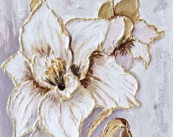 White Gold Flower Acrylic Plaster Painting Canvas Modern fashionable wall decor Blooming flower room art Texture 3D picture Minimalist art
