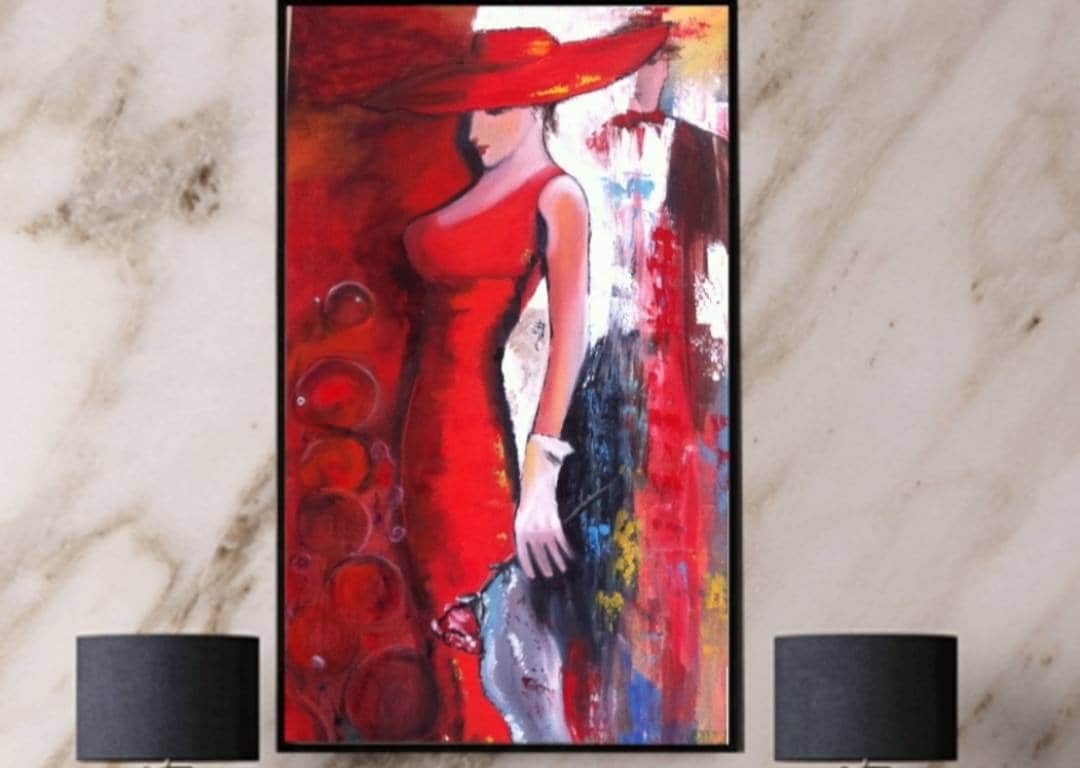 Lady in Red Dress Oil Painting Canvas Original Art Abstract Woman in ...