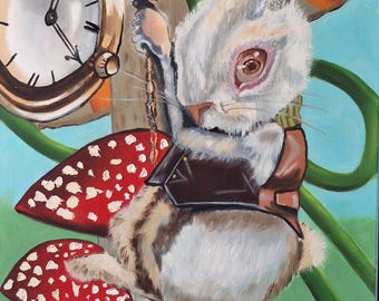 March Rabbit Oil Painting Canvas Original art Alice Wonderland art White hare picture Gift for child Nursery room decor Mushrooms wall art
