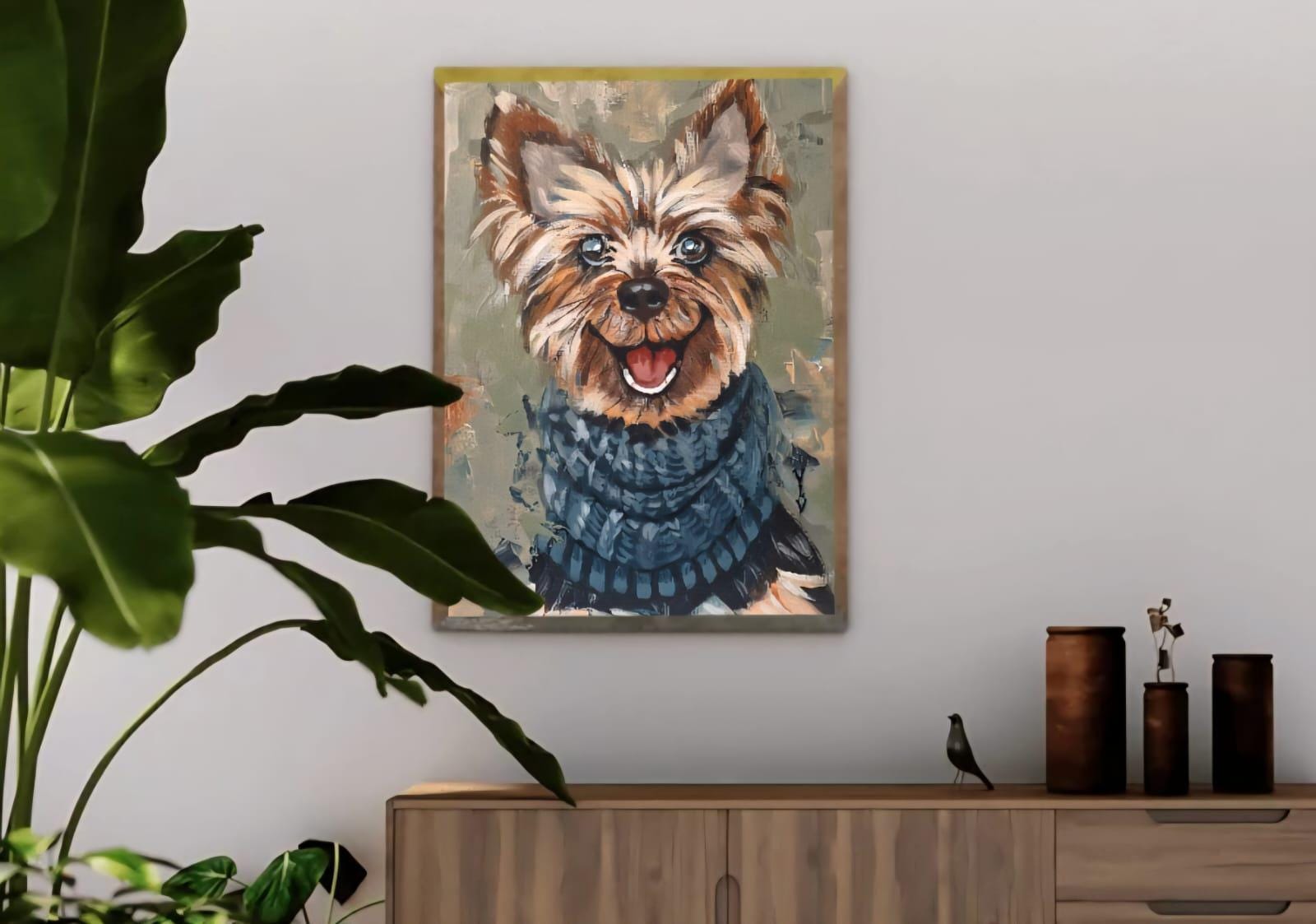 幸せなヨークシャーテリアのアクリル画 ヨークシャーテリアの犬の絵