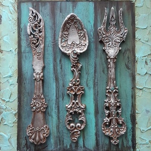 Décoration murale de couverts Sculpture Fourchettes vintage cuillères couteau toile Art de salle à manger Cuisine antique photo encadrée Art minimaliste Cadeau pour maman