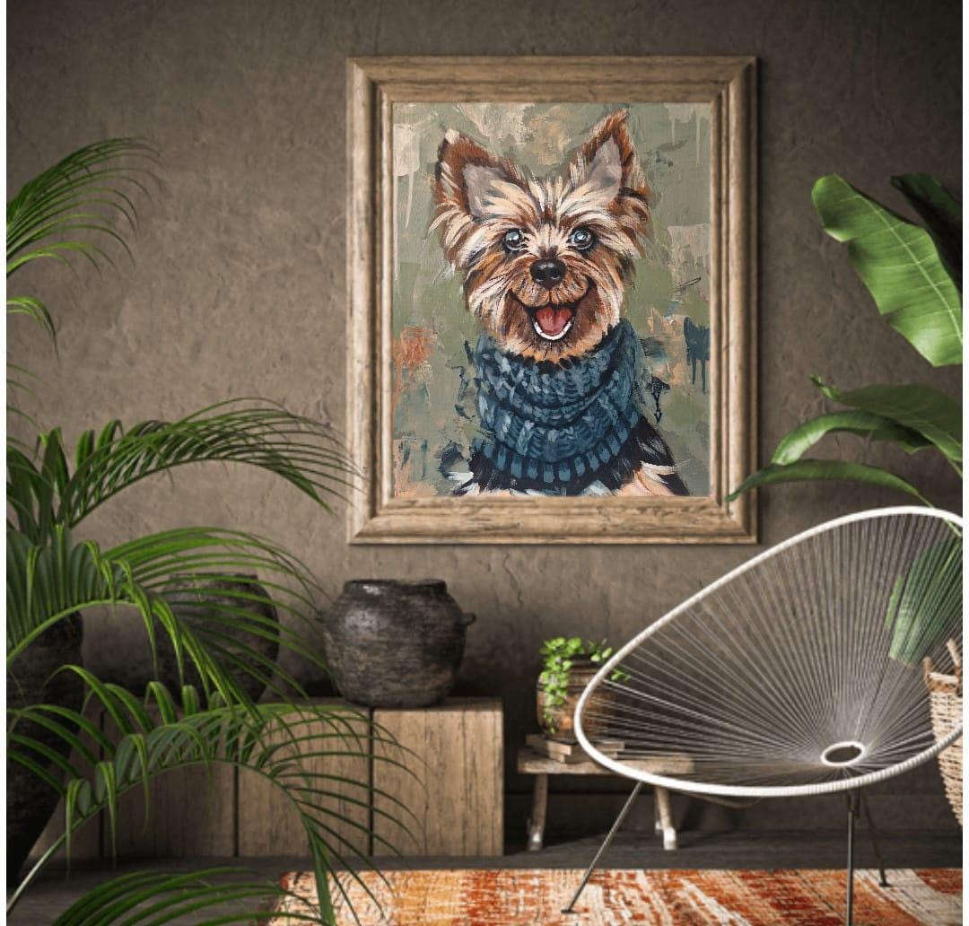 幸せなヨークシャーテリアのアクリル画 ヨークシャーテリアの犬の絵