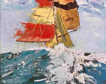 Sailboat  Oil Painting on canvas Original artwork Abstract Boat Art Ocean Wave wall decor 3D Texture Painting Seascape Picture 10"x 14"