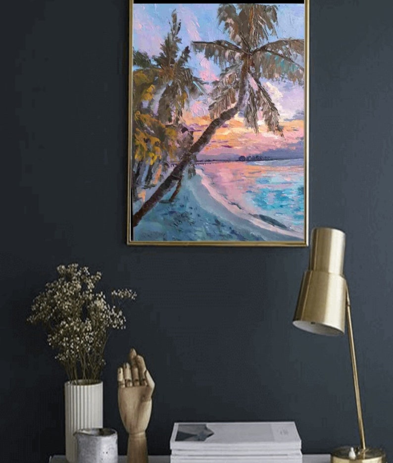 Tropical Sea Sunset Oil Painting Canvas Original Artwork Palm Trees Art ...