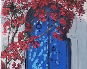 Dipinto acrilico su tela per porta antica Opera d'arte originale Porta in stile arabo Decorazione rustica per la stanza di una casa Arte con bouganville in fiore Giornata di sole