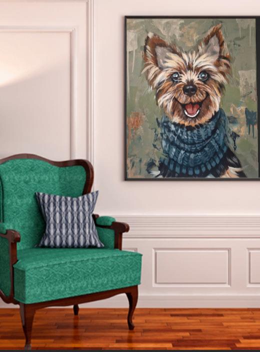 幸せなヨークシャーテリアのアクリル画 ヨークシャーテリアの犬の絵