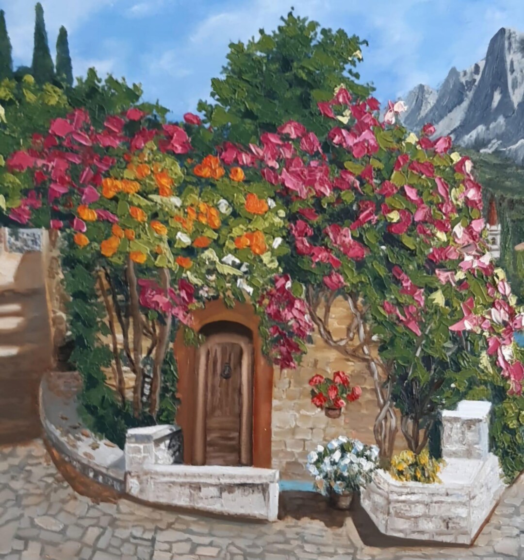 Mediterranean House Original Oil Painting Canvas Blooming Garden Art ...
