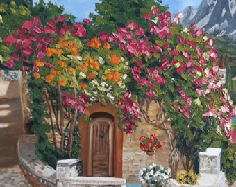 Mediterranean House Original Oil Painting canvas Blooming garden art Rural landscape Trees bloom art 3D texture wall decor Village life art