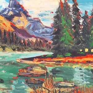 Peinture à l'huile sur panneau dur de la nature sauvage Parc national Canada art Impasto technique 3D image Paysage de rivière de montagne Petite peinture
