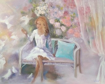 Girl And Pigeons Original Oil Painting Birds on canvas Animal wall decor handmade Blooming garden picture Blosson flowers art Positive art