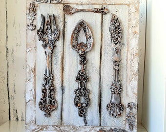 Decorazione murale con posate Scultura di arte vintage Forchette cucchiai coltello cucchiaino Decorazione sala da pranzo Cucina dipinto antico in cornice Regalo 10"x 12"