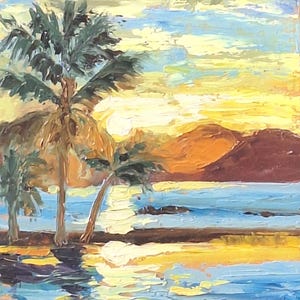 Peinture à l'huile de coucher de soleil sur la mer tropicale Image originale de palmiers en panneau dur Art de la plage de l'océan Petite image Art mural de texture 3D Peinture paysage marin