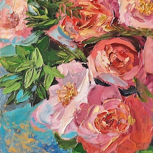 Peinture à l'huile de roses roses sur panneau dur Bouquet abstrait de fleurs Image de texture 3D faite à la main Art floral moderne Cadeau femme bien-aimée Art impasto