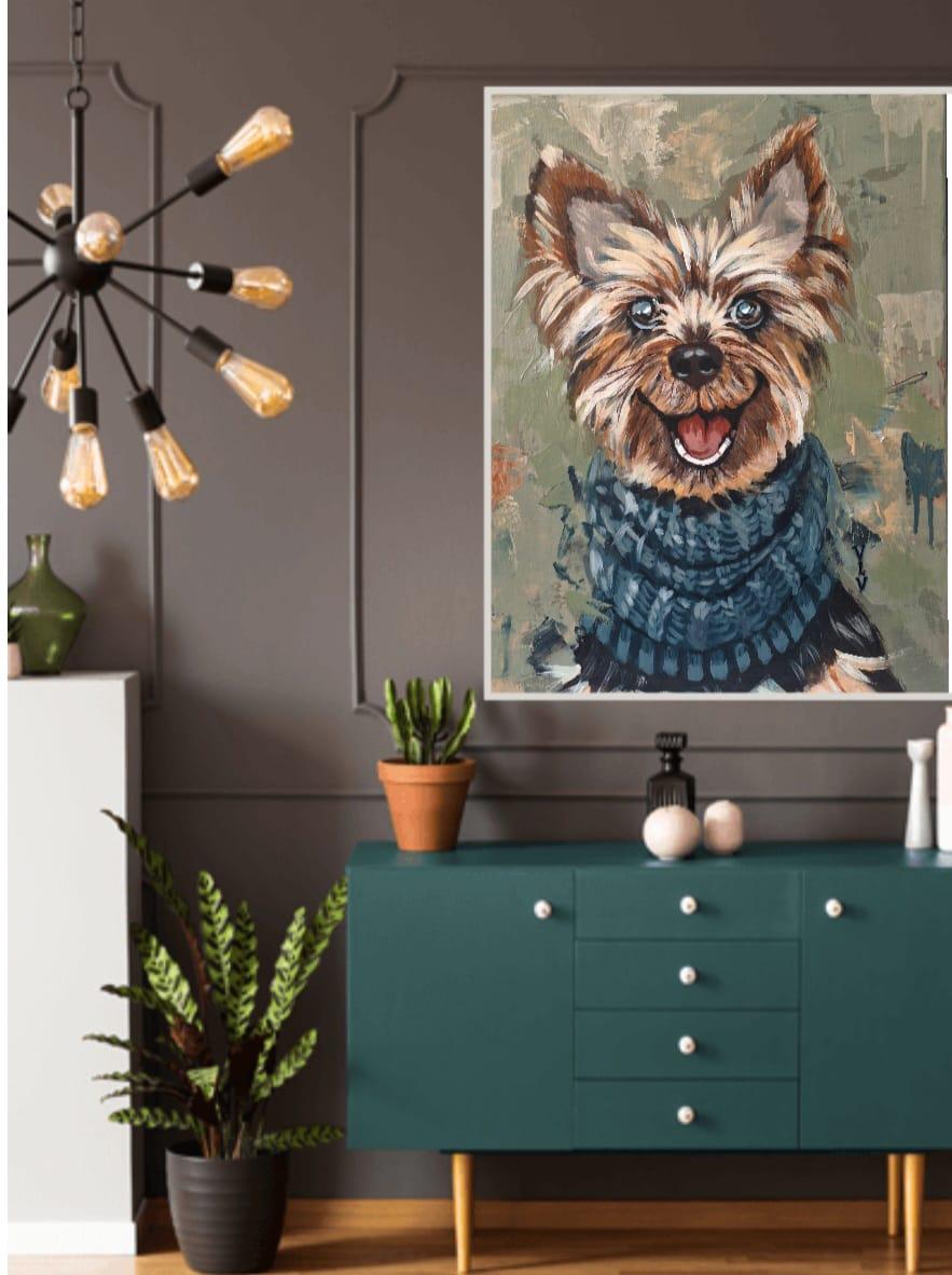 幸せなヨークシャーテリアのアクリル画 ヨークシャーテリアの犬の絵