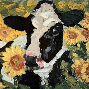 Vache dans les tournesols Peinture à l'huile originale sur panneau dur Petite image texturée 3D Kine Décoration murale Village Life Art Vache dans l'art du champ Art campagnard