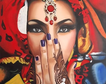 Olieverfschilderij 'Hand van Fatima' op canvas, origineel kunstwerk, schilderij van een Arabische vrouw, kunst van een moslimmeisje, islamitische wanddecoratie, kunst voor een rode kamer, portret van een vrouwelijk gezicht.