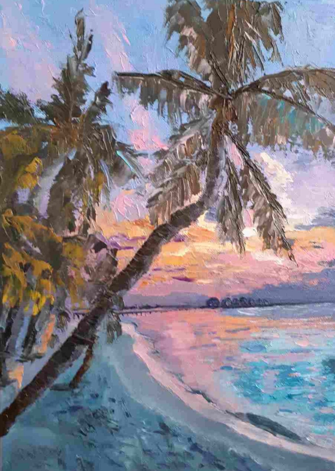 Tropical Sea Sunset Oil Painting Canvas Original Artwork Palm Trees Art ...
