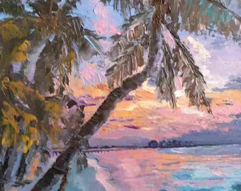 Dipinto ad olio su tela con tramonto sul mare tropicale, opera d'arte originale, palme, foto di spiaggia dell'oceano, texture 3D, arte murale, piccola tavolozza di pittura