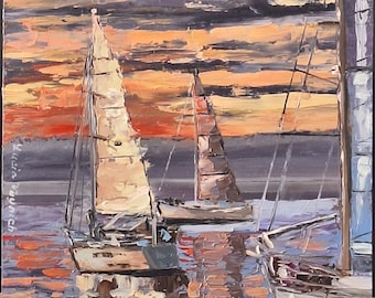Yacht At Sunset Oil Painting On Hardboard Original artwork Sailboat textured picture 3D Nautical art Seascape wall art Ocean art Sea sunset