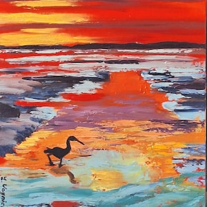 Peinture à l'huile tropicale au coucher du soleil sur panneau dur, œuvre d'art originale, art du crépuscule marin, texture nautique moderne, image 3D, plage océanique, art mural rouge