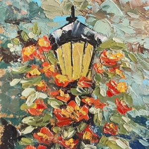 Peinture à l'huile de lampadaire, petite texture, technique d'image 3D sur panneau dur, fleurs en fleurs, art mural nature, arbres verts, décoration de chambre