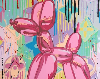 Cane gonfiabile, dipinto acrilico originale su tela, graffiti moderni, arte murale, immagine di un cane con palloncino, arredamento alla moda per la stanza, pop art americana