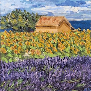 Champ de tournesols lavande Peinture à l'huile sur panneau dur Zone rurale Paysage de campagne Ferme petite image Texture Décoration murale 3D Art de la nature