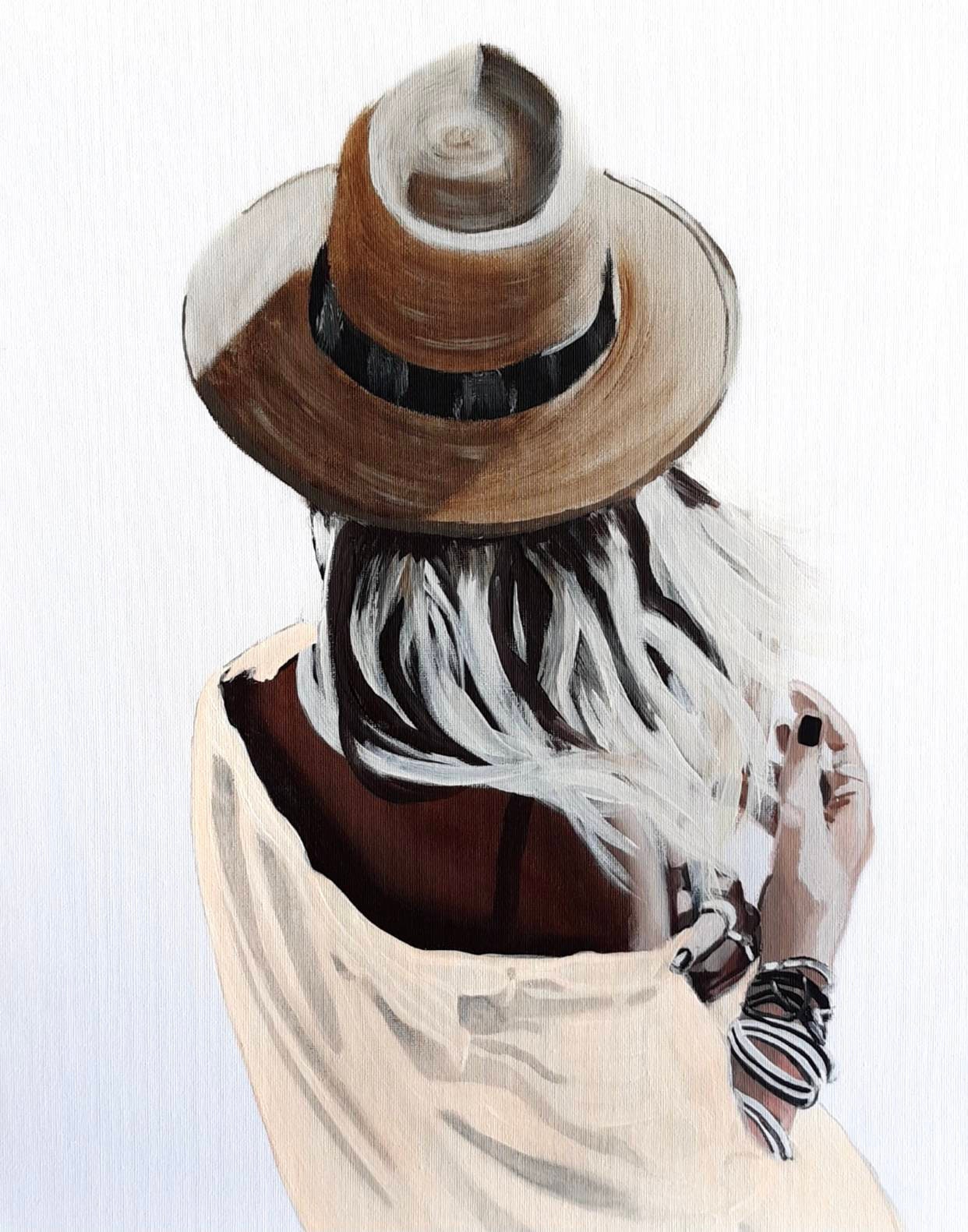 Girl In Hat Original Acrylic Painting Canvas Woman back view wall art Young girl from back Female portrait Youth picture Modern room decor