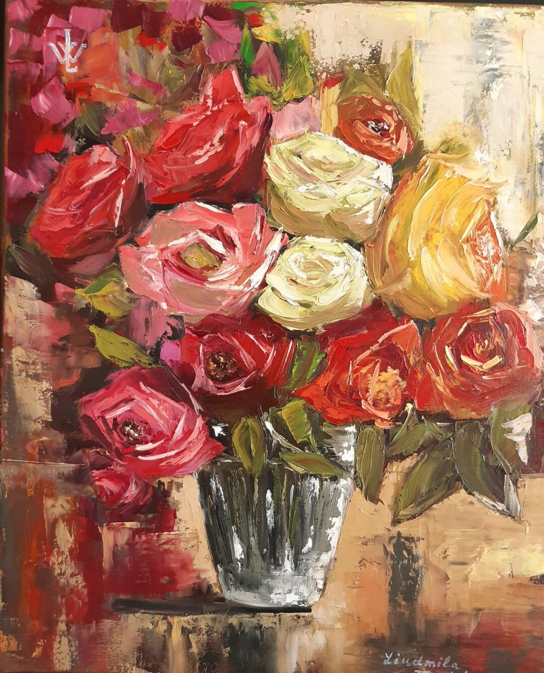 Roses in Vase Oil Painting Canvas Original Art Abstract Flowers ...