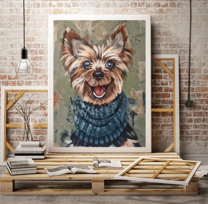 幸せなヨークシャーテリアのアクリル画 ヨークシャーテリアの犬の絵