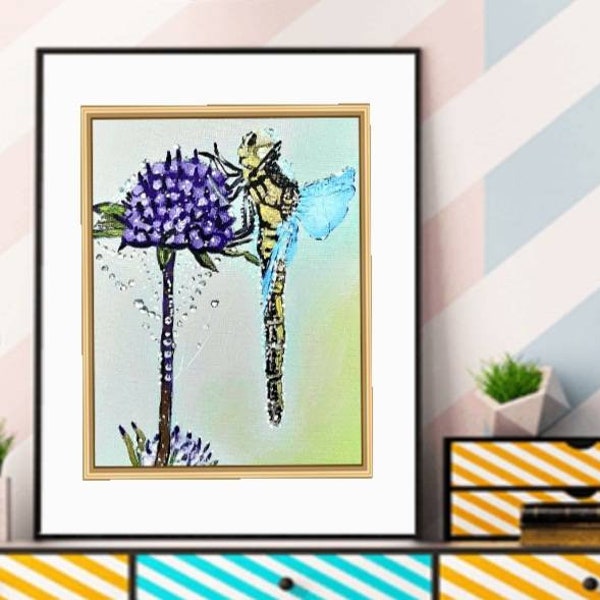 Dragonfly on flower Original acrylic painting Damselfly on canvas Insect art animal wall decor small minimalist picture gift 8"x 12"