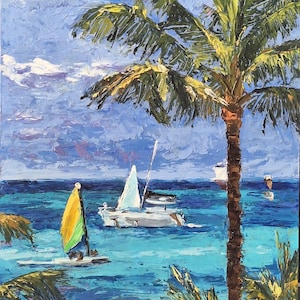 Peinture à l'huile sur panneau dur de la côte de la mer du Sud, petite image de palmiers, art de plage océanique, œuvre d'art unique, art mural texturé 3D, paysage marin tropical