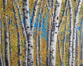 Bouleau en automne, peinture à l'huile originale, texture de paysage, art mural 3D représentant une forêt de bouleaux, paysage forestier, art de la nature, image de forêt, art des arbres d'automne