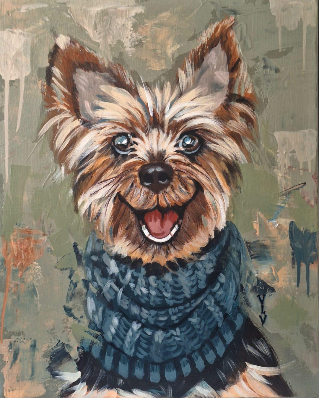 アクリル画 犬 ヨークシャテリア 絵画 幸せなヨークシャーテリアのアクリル画 ヨークシャーテリアの犬の絵