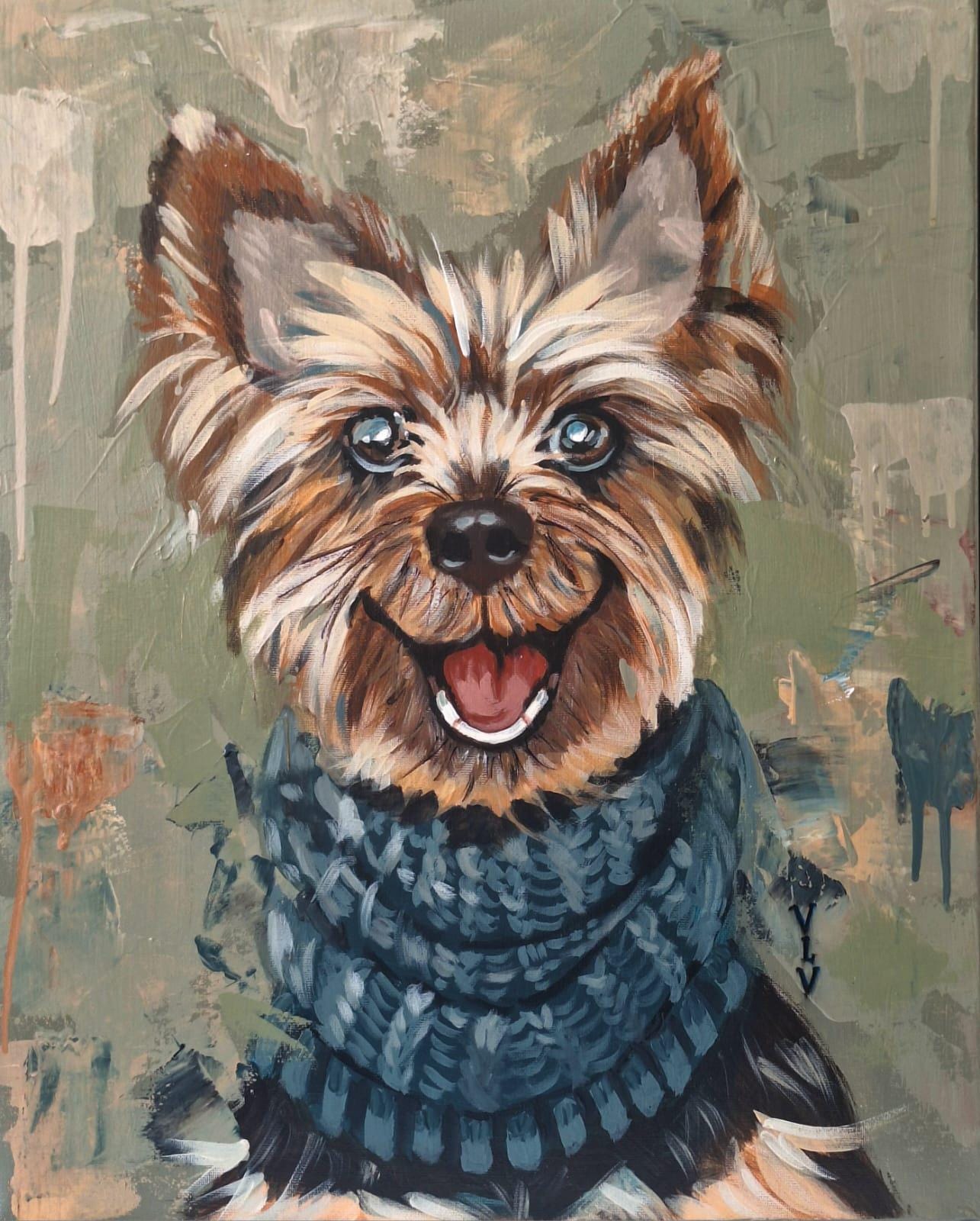 アクリル画 犬 ヨークシャテリア 絵画 幸せなヨークシャーテリアのアクリル画 ヨークシャーテリアの犬の絵