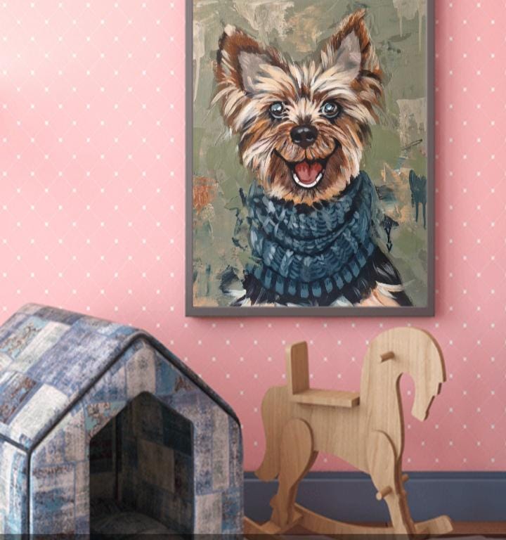 幸せなヨークシャーテリアのアクリル画 ヨークシャーテリアの犬の絵