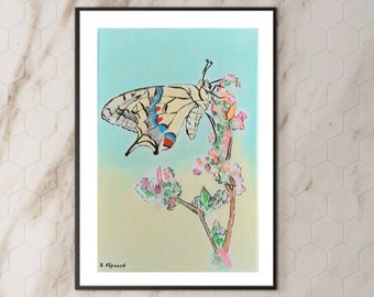 Farfalla sui fiori, dipinto originale acrilico su tela, immagine di insetto fatta a mano, arte murale con animali, piccola opera d'arte minimalista, regalo per gli amanti delle farfalle