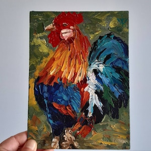 Coq Peinture à l'huile originale sur panneau dur Art du coq rouge Décoration murale à texture 3D lumineuse Petite image colorée Art des oiseaux domestiques Art rustique