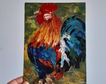 Dipinto a olio originale di gallo su pannello di fibra dura. Arte di gallo rosso. Decorazione murale con texture 3D brillante. Piccolo quadro colorato. Arte di uccelli domestici. Arte rustica.