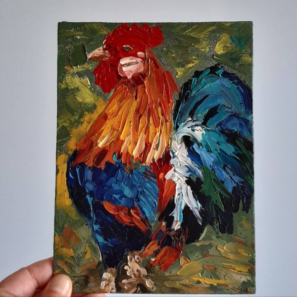 Cock Original oil painting  hardboard Bright red rooster art 3D texture wall art Colorful small picture Domestic bird art Provence art 8"x6"