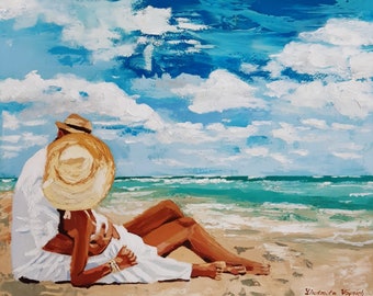 Couple In Love Original oil painting Ocean beach picture Texture wall decor Modern love art Hugs of lovers on beach art Seascape fine art