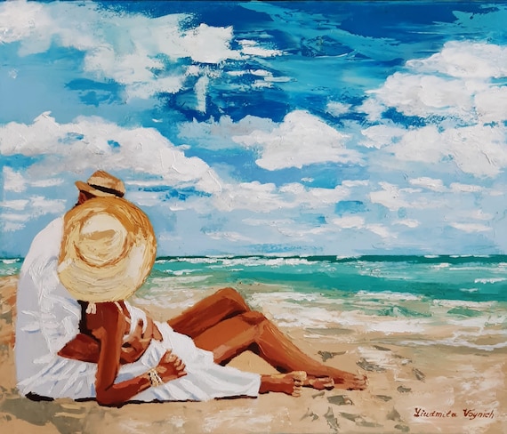 Couple In Love Original oil painting Ocean beach picture Texture wall decor Modern love art Hugs of lovers on beach art Seascape fine art