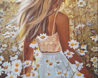 Girl In DaisyField Acrylic Painting Canvas Original artwork Summer day art Wildflowers wall decor Boho room art Young woman back portrait
