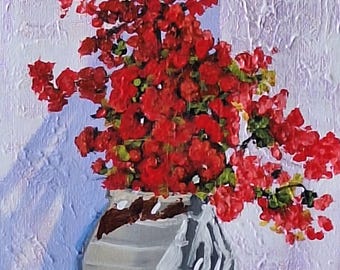Bougenvillea Acrylverfschilderij op canvas Origineel kunstwerk Textuurkunsttechniek 3D Vaas met bloemen Fijne bloemkunst Bloeiende rode bloem in pot kunst