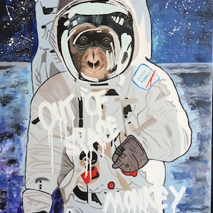 Space Monkey Original acrylic painting canvas Chimp on moon picture Monkey astronaut art Gift humor Pop wall decor Modern fashionable art
