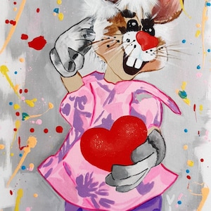 Weißes Kaninchen Original Acrylgemälde Leinwand Hase mit Herz Bild Kinderzimmer Kunst Kinder Geschenk Lustiges Häschen Wandbild für Kind